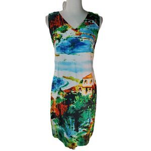 Chetta B  Leslie Fay Dress Women's 6 V Neck Sleeveless Multicolor Scenic Summer